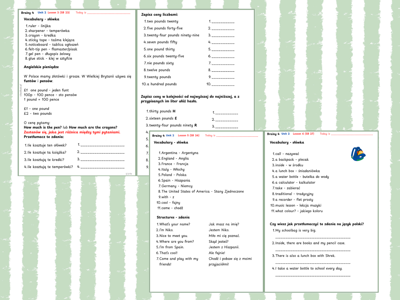 Stay Brainy 4 Unit 2 – gotowe notatki do zeszytu, ćwiczenia i kartkówki PDF. Słownictwo, czasownik to be, pytania, przeczenia i ceny. Klasa 4.