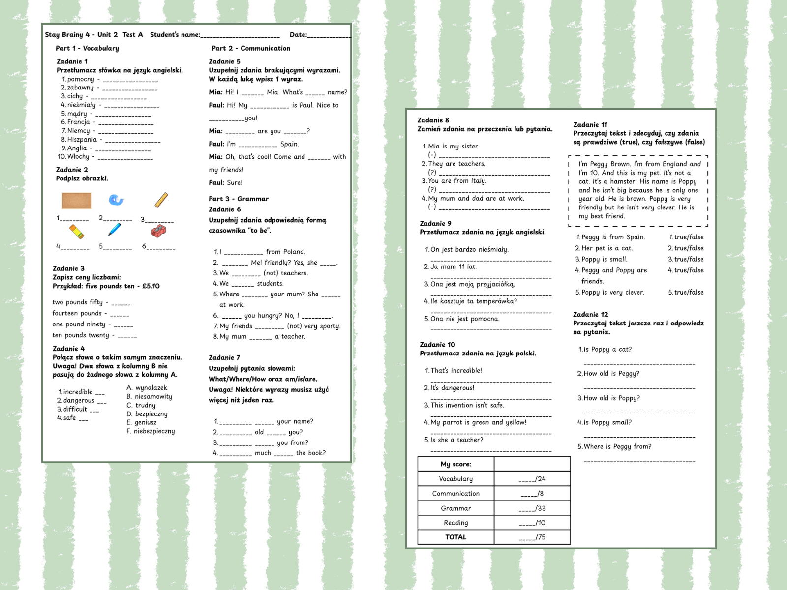 Stay Brainy 4 Unit 2 – gotowe notatki do zeszytu, ćwiczenia i kartkówki PDF. Słownictwo, czasownik to be, pytania, przeczenia i ceny. Klasa 4.