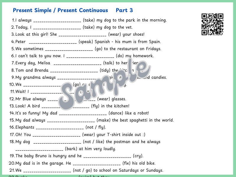 Present Simple/Present Continuous, klasa 4,5, uzupełnianie zdań