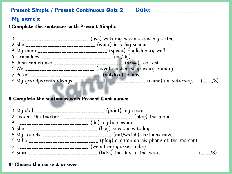 Present Simple/Present Continuous, klasa 4,5, uzupełnianie zdań, sprawdzian, quiz, kartkówka
