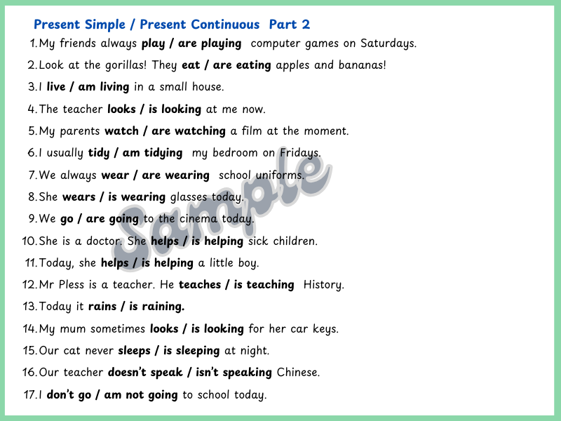 Present Simple/Present Continuous, klasa 4,5, wybór formy