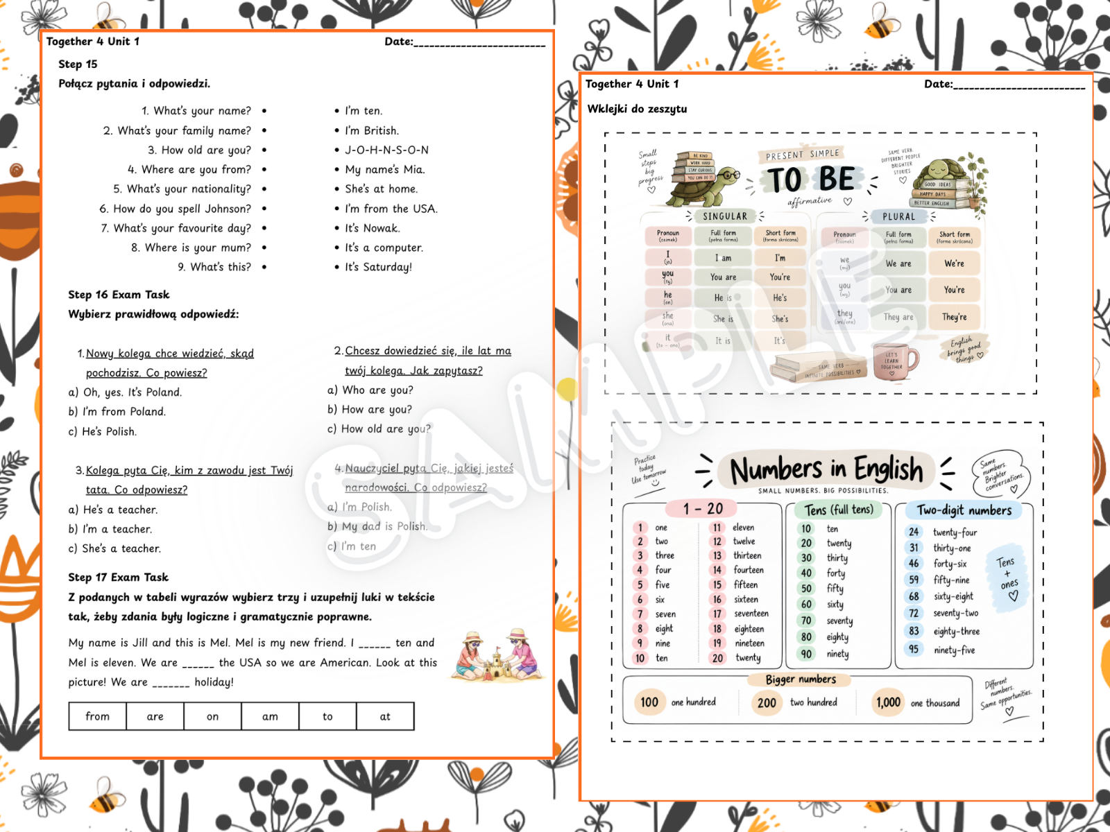 Together 4 Unit 1 – dodatkowe ćwiczenia PDF dla klasy 4 z języka angielskiego. Czasownik to be, a/an, liczebniki 1–100, słownictwo, tłumaczenie zdań, zadania egzaminacyjne, wklejki do zeszytu i klucz odpowiedzi.