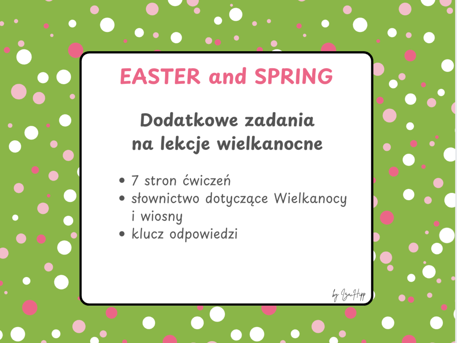 Zestaw wielkanocno-wiosennych kart pracy dla klas 4–8 (A1/A2), który w naturalny sposób łączy naukę języka z lekkim, sezonowym klimatem 🌷  Znajdziesz tu 7 stron różnorodnych ćwiczeń (słownictwo, czytanie, pytania i odpowiedzi) oraz klucz odpowiedzi — idealne na lekcje przedświąteczne.