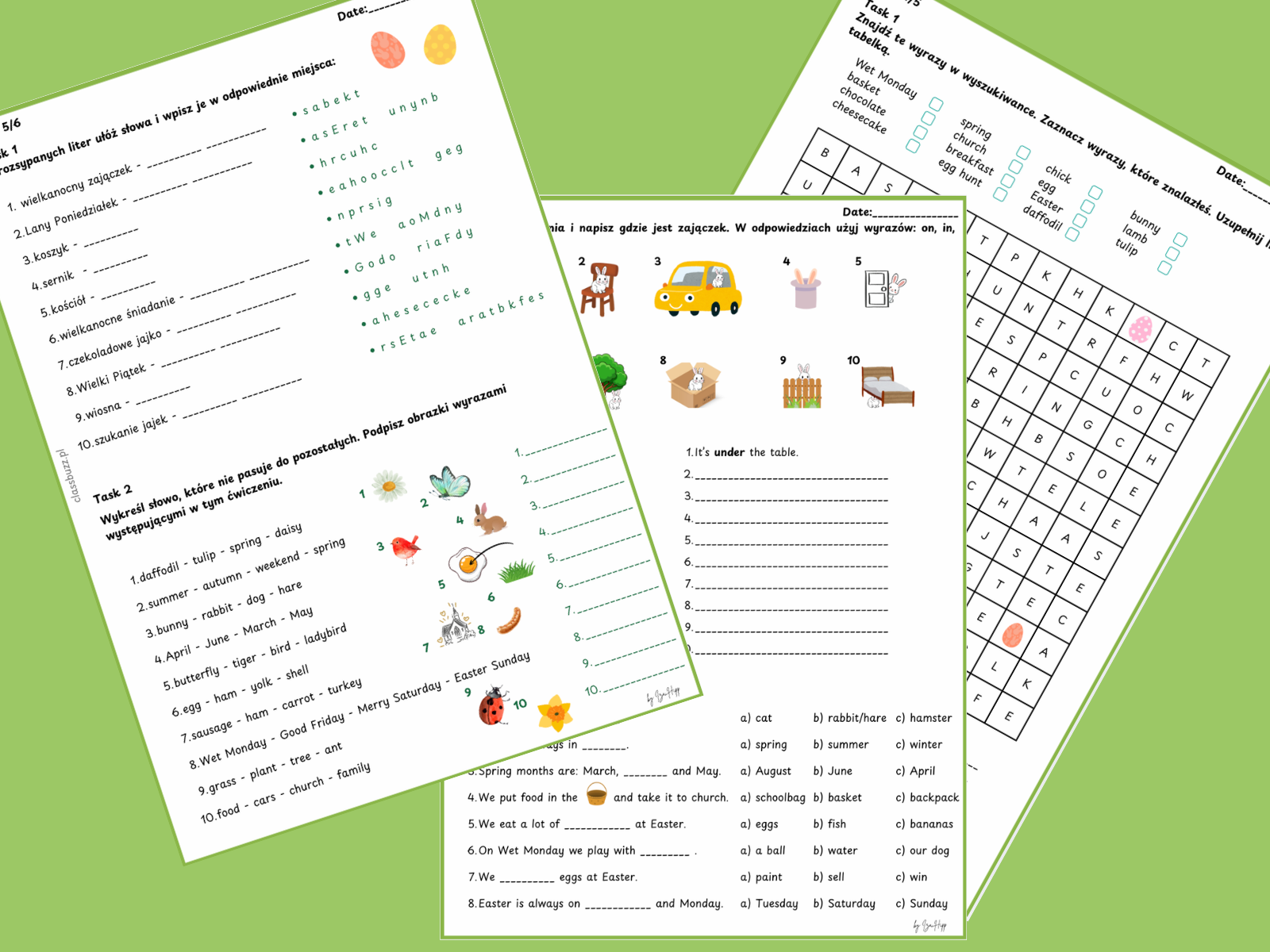 Zestaw wielkanocno-wiosennych kart pracy dla klas 4–8 (A1/A2), który w naturalny sposób łączy naukę języka z lekkim, sezonowym klimatem 🌷  Znajdziesz tu 7 stron różnorodnych ćwiczeń (słownictwo, czytanie, pytania i odpowiedzi) oraz klucz odpowiedzi — idealne na lekcje przedświąteczne.