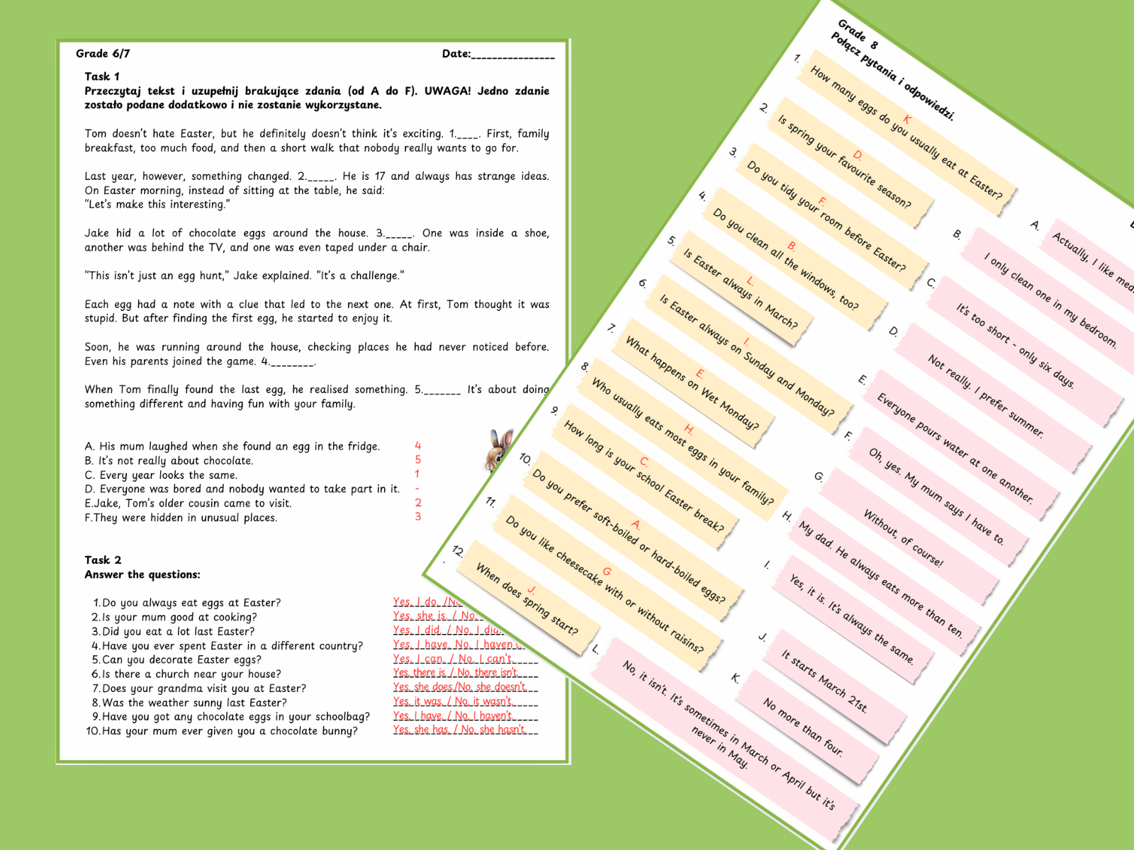 Zestaw wielkanocno-wiosennych kart pracy dla klas 4–8 (A1/A2), który w naturalny sposób łączy naukę języka z lekkim, sezonowym klimatem 🌷  Znajdziesz tu 7 stron różnorodnych ćwiczeń (słownictwo, czytanie, pytania i odpowiedzi) oraz klucz odpowiedzi — idealne na lekcje przedświąteczne.