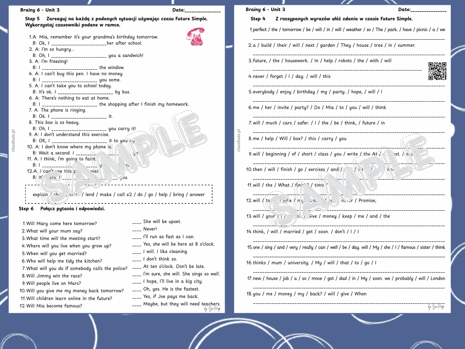 dodatkowe zadania do brainy, pdf, futurę simple, zaimki dopełnieniowe, słownictwo