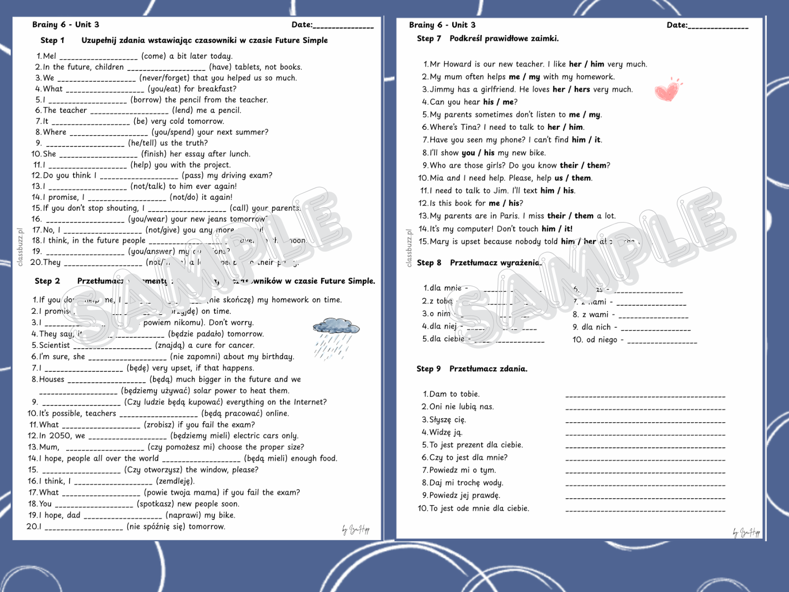 dodatkowe zadania do brainy, pdf, futurę simple, zaimki dopełnieniowe, słownictwo