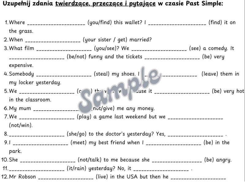 Past Simple dla klasy 5 i 6, czasowniki regularne i nieregularne, zdania do uzupełniania, tłumaczenia, wyszukiwania, kody QR