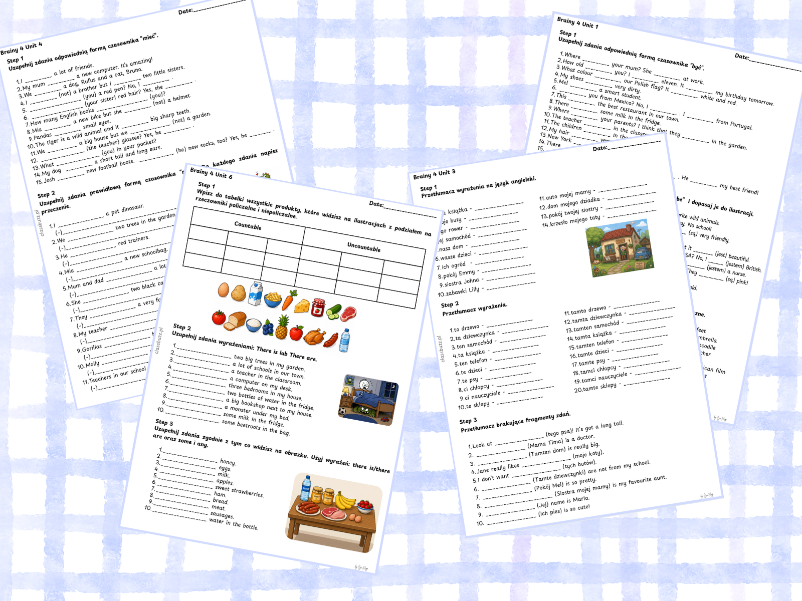 Brainy 4 Grammar Booster – powtórka gramatyki z języka angielskiego dla klasy 4. Karty pracy do podręcznika Brainy 4 obejmujące czasownik to be, have got, can, Present Simple, Present Continuous, there is/there are oraz rzeczowniki policzalne i niepoliczalne. Materiał PDF do druku dla nauczycieli i uczniów szkoły podstawowe