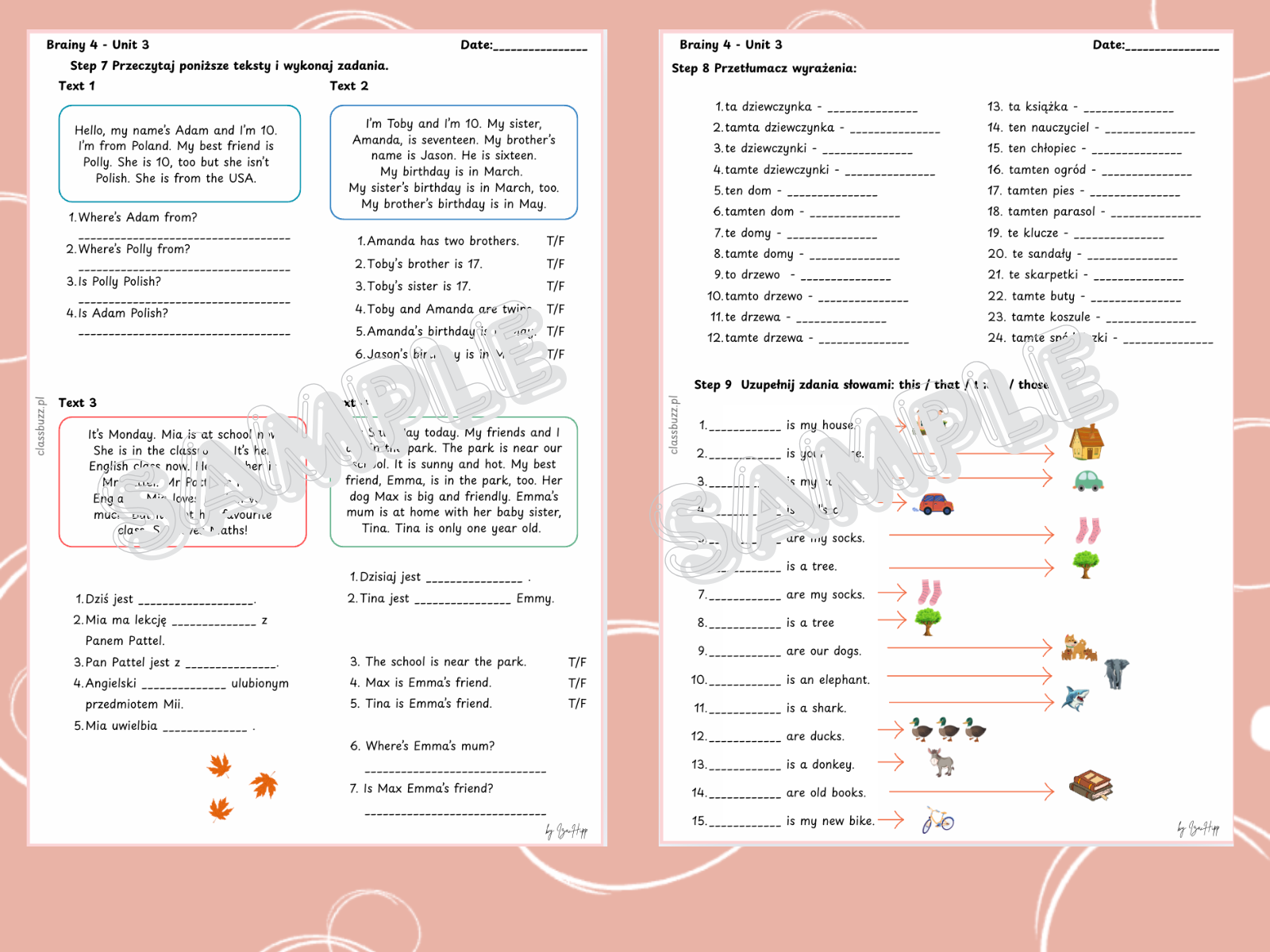 przymiotniki dzierżawcze, dopełniacz saksoński, zaimki wskazujące (this/that/these/those) oraz słownictwo, brainy 4, dodatkowe ćwiczenia