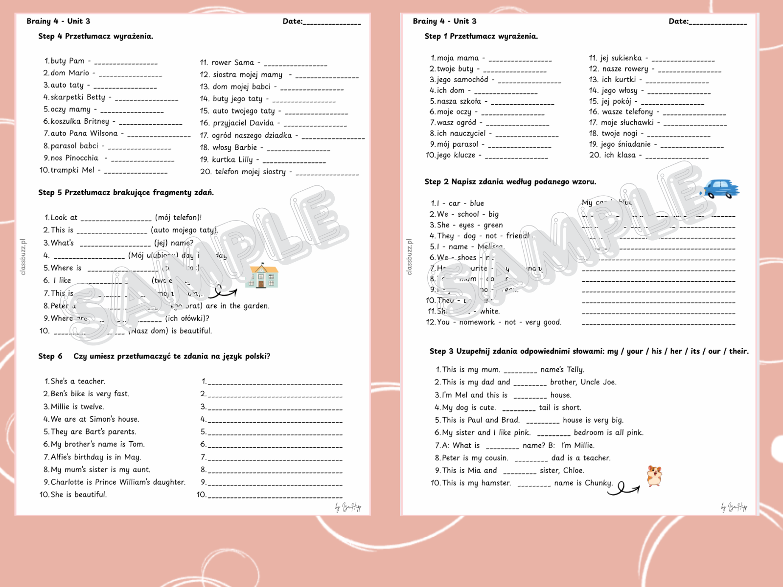 przymiotniki dzierżawcze, dopełniacz saksoński, zaimki wskazujące (this/that/these/those) oraz słownictwo, brainy 4, dodatkowe ćwiczenia