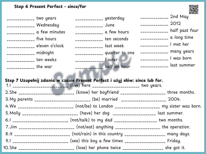 present perfect, for/since, zdania, klasa 6,7