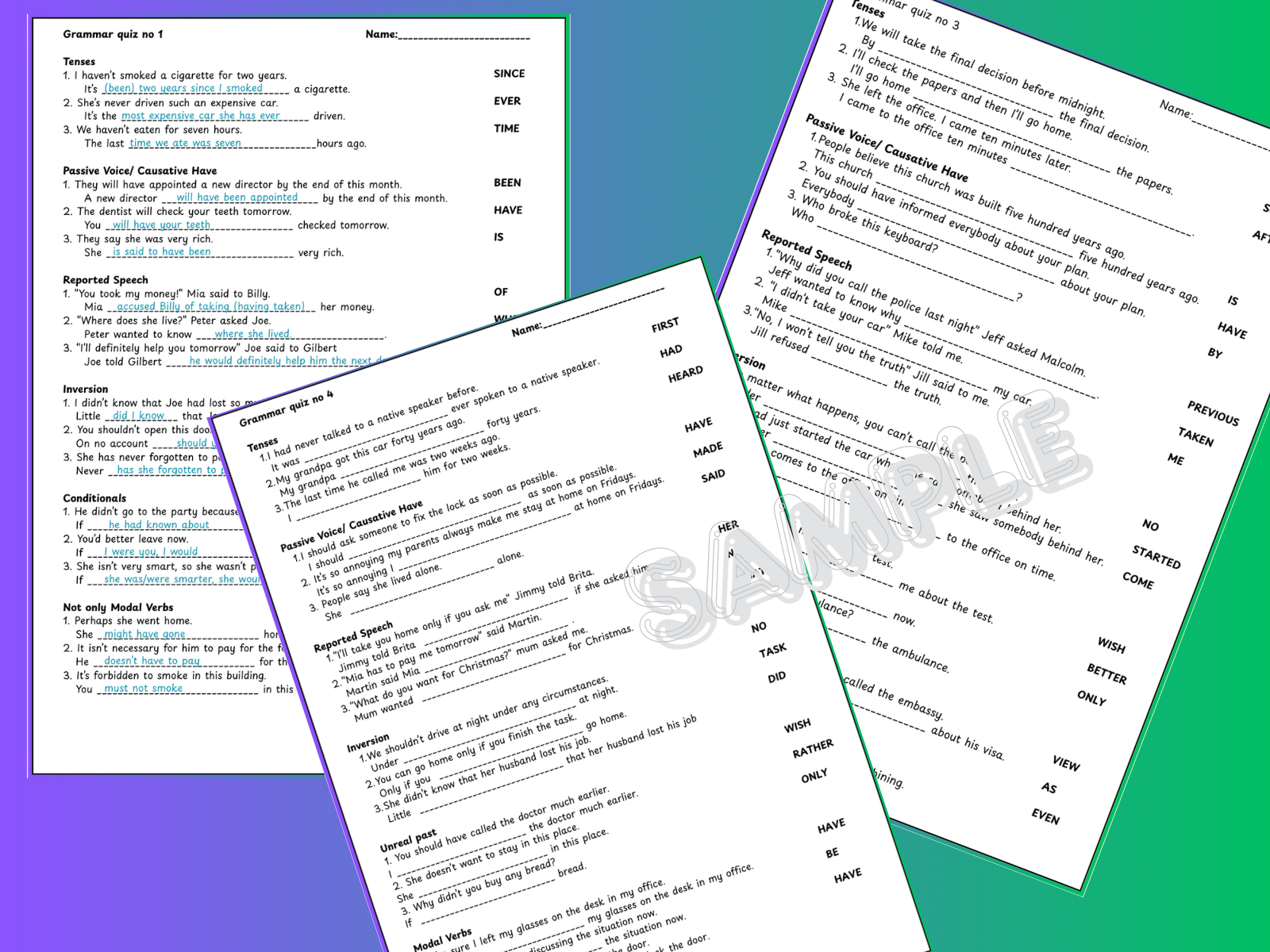 grammar quiz, passive, reported, conditionals, tenses, clause